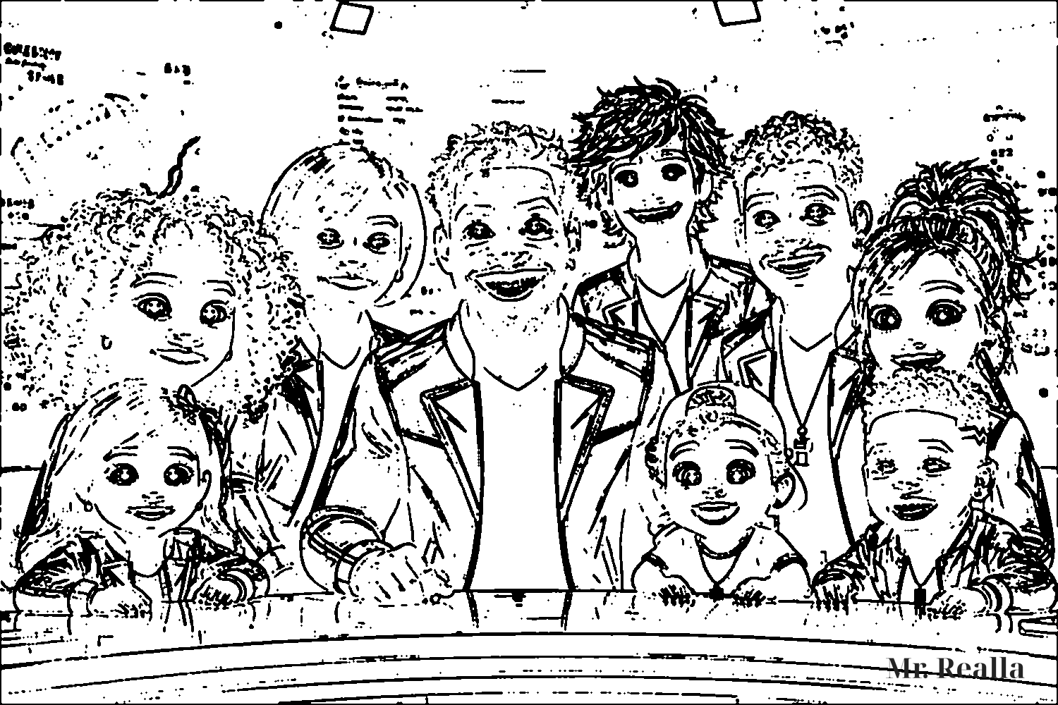 Coloring page — the whole Mr. Realla Network crew at the news desk, in line art