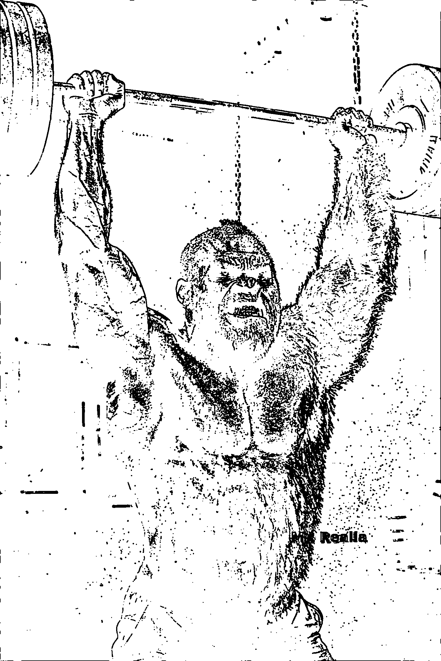 Coloring page — Mr. Realla pressing the bar overhead, in line art