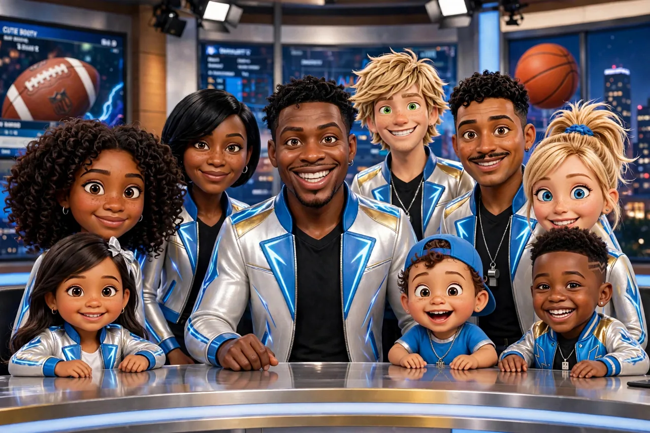 The whole Mr. Realla Network crew at the news desk — Ringtone, Jazzy, Shanika, Ricky Bobby, Too Cool, Cutie Booty, Cutie Pie, Dynamite Jackson, and Badness