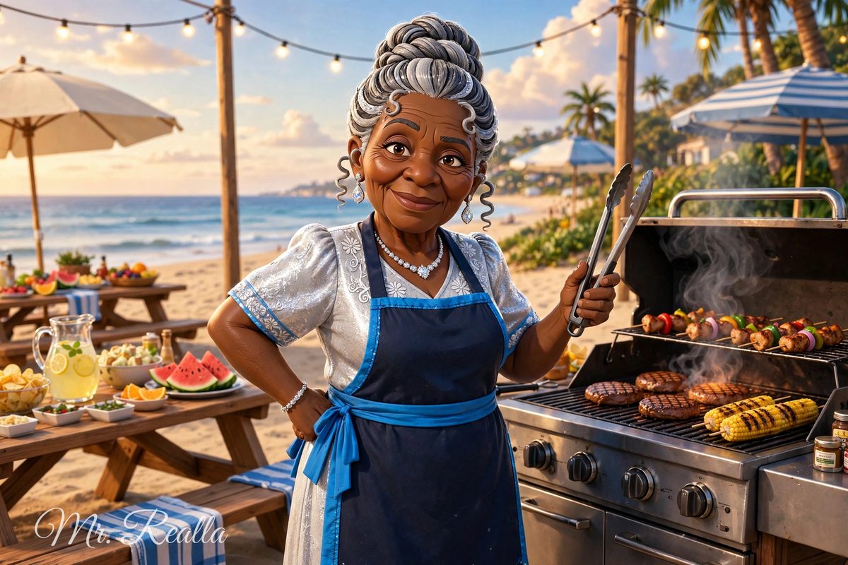 G Ma at the beach cookout, tongs in her left hand over the grill