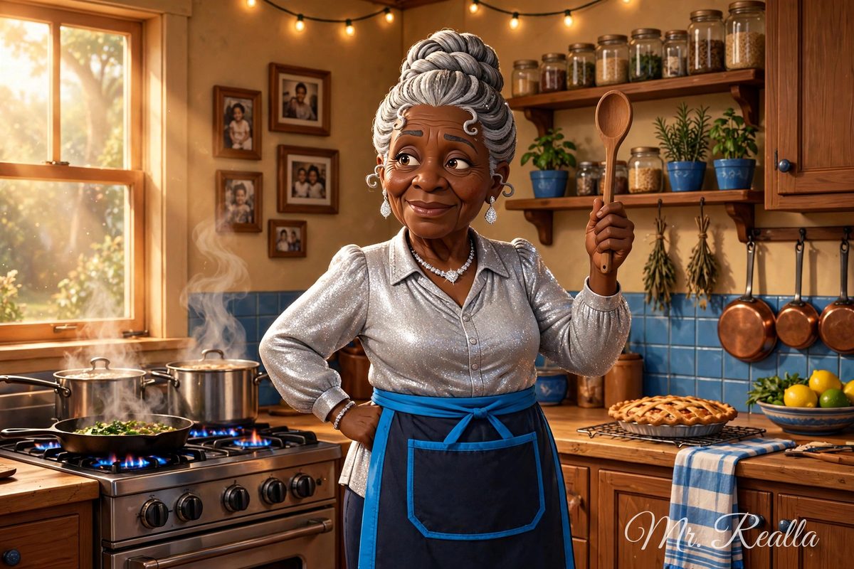 G Ma in her home kitchen, spoon in her left hand, the room where it all started