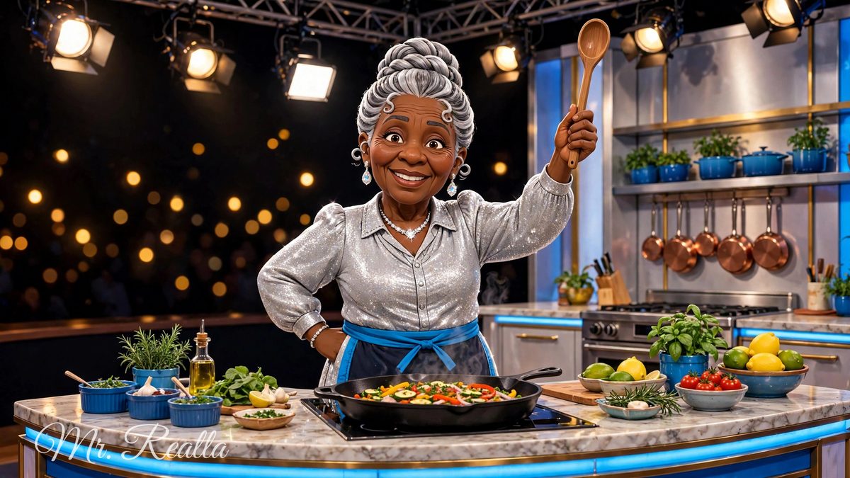 G Ma in her studio kitchen, spoon raised in her left hand, ready to teach
