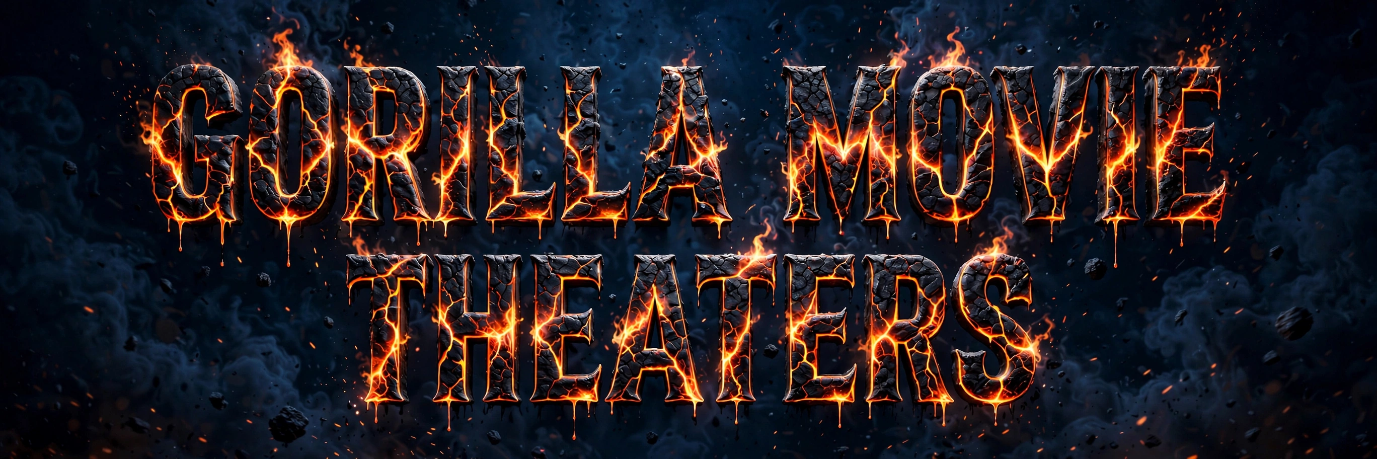 Gorilla Movie Theaters — the title in molten rock lettering, lava fire glowing through the cracks