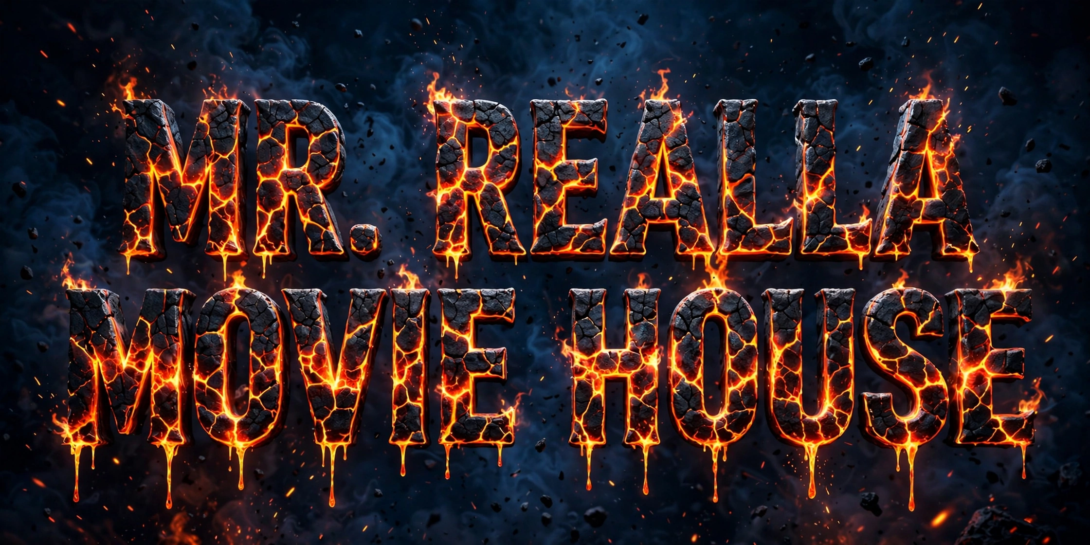 Mr. Realla Movie House — the house title in molten rock lettering, lava fire glowing through the cracks