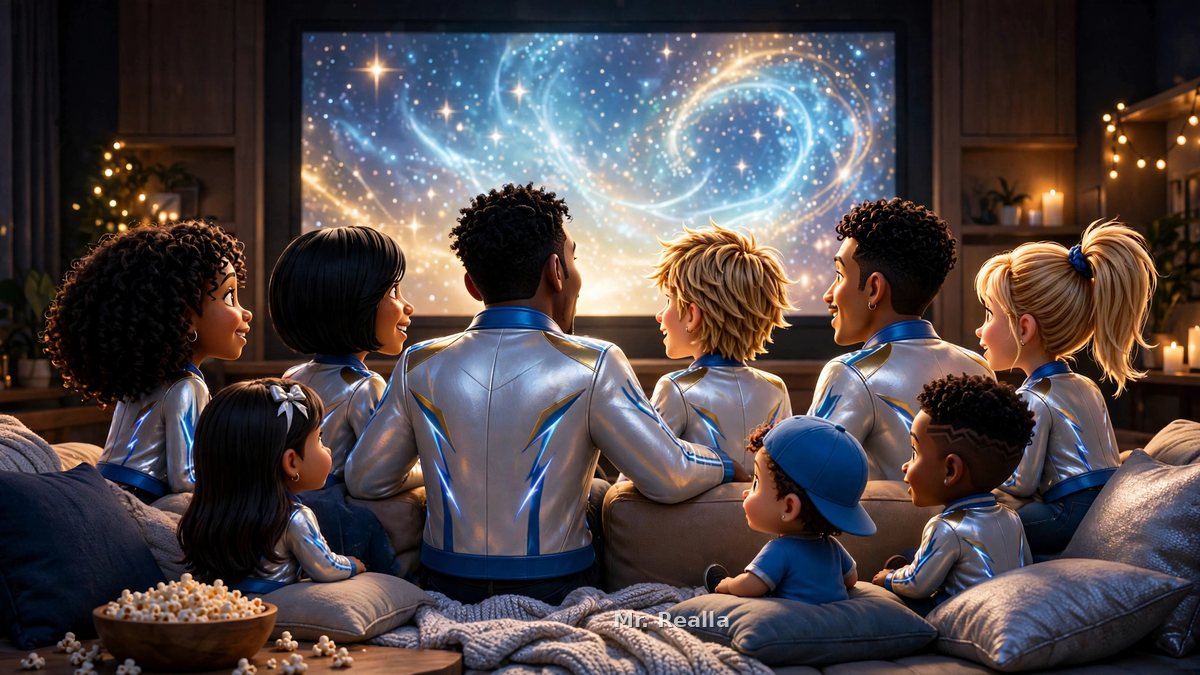 The whole crew on the couch at family movie night, watching the big screen glow — the Family Reels Wall